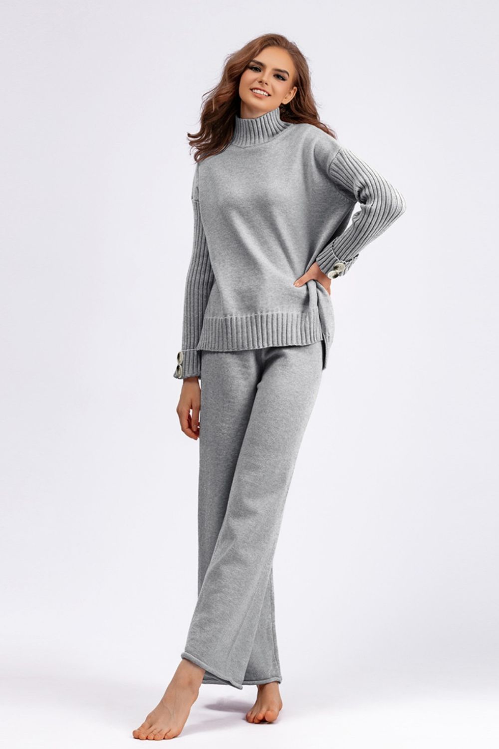 Basic Bae High- Low Turtleneck Long Sleeve Top and Pants Sweater Set-Trendsi-Gray-One Size-[option4]-[option5]-[option6]-[option7]-[option8]-Shop-Boutique-Clothing-for-Women-Online