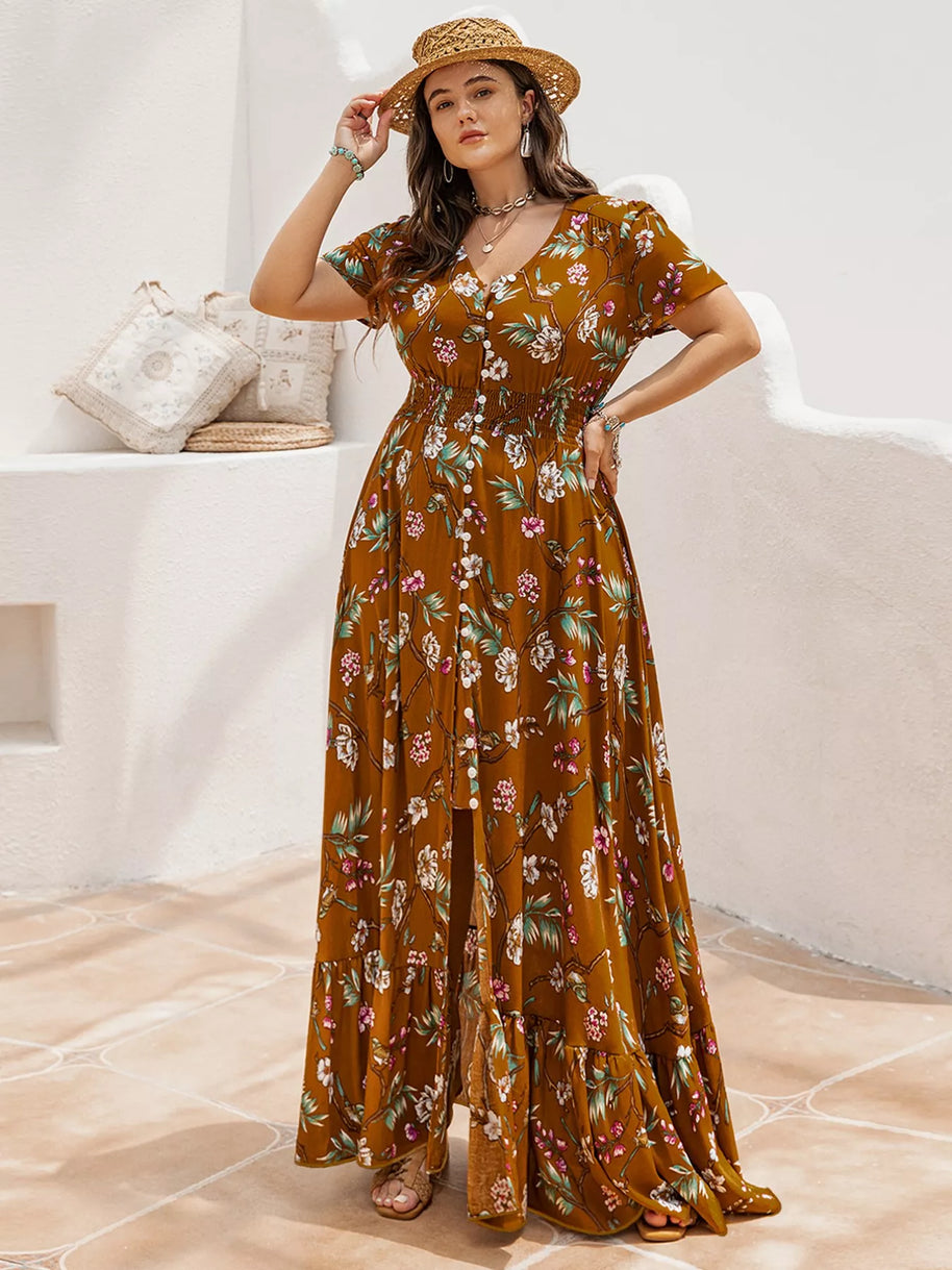 Plus Size Floral V-Neck Short Sleeve Dress-Dresses-Trendsi-[option4]-[option5]-[option6]-[option7]-[option8]-Shop-Boutique-Clothing-for-Women-Online