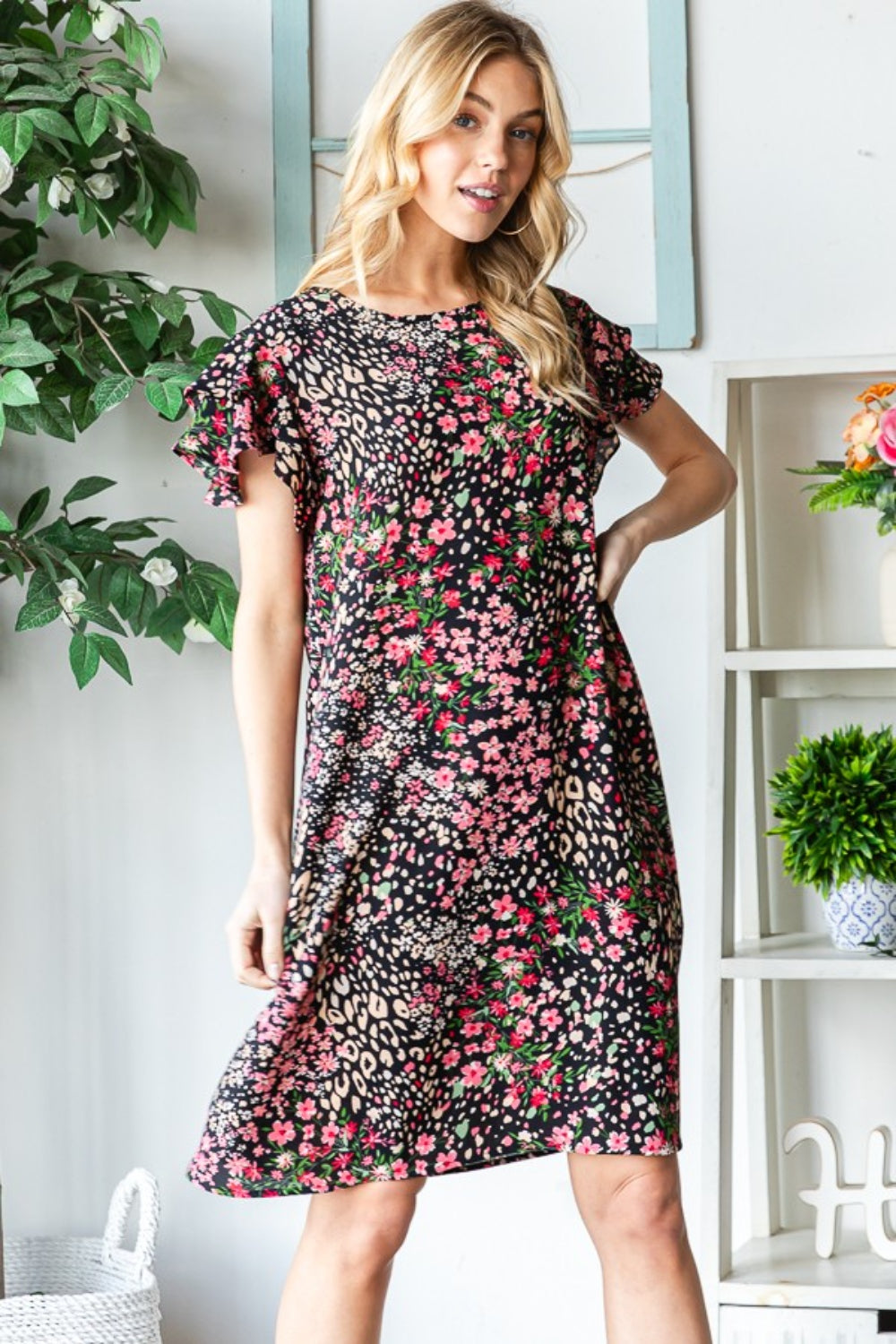 Heimish Printed Ruffled Short Sleeve Dress with Pockets-Trendsi-Black-S-[option4]-[option5]-[option6]-[option7]-[option8]-Shop-Boutique-Clothing-for-Women-Online