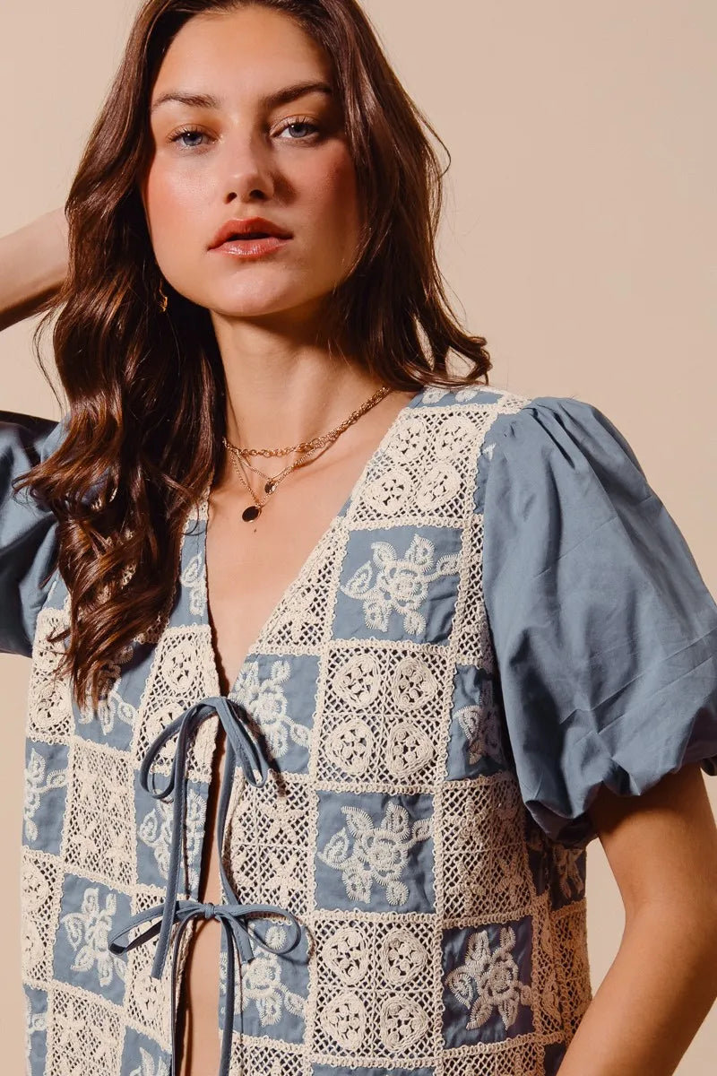 SO ME Crochet Lace Tie Front V Neck Blouse Top-Blouses-Trendsi-[option4]-[option5]-[option6]-[option7]-[option8]-Shop-Boutique-Clothing-for-Women-Online