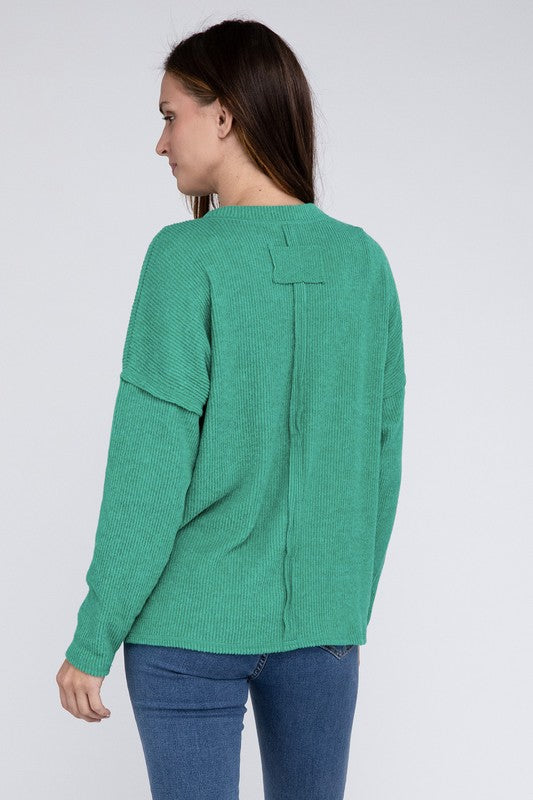 Zenana Ribbed Brushed Melange Hacci Sweater with a Pocket-ZENANA-[option4]-[option5]-[option6]-[option7]-[option8]-Shop-Boutique-Clothing-for-Women-Online