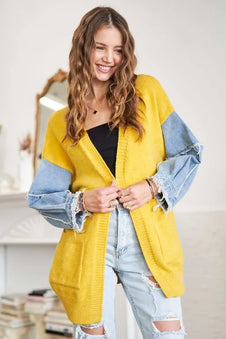 ADORA Full Size Frayed Denim Sleeve Sweater Cardigan-Coats & Jackets-Trendsi-[option4]-[option5]-[option6]-[option7]-[option8]-Shop-Boutique-Clothing-for-Women-Online