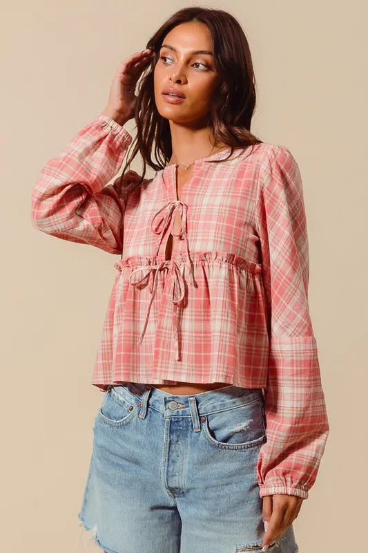 SO ME Front Tie Checkered Plaid Blouse-Blouses-Trendsi-[option4]-[option5]-[option6]-[option7]-[option8]-Shop-Boutique-Clothing-for-Women-Online