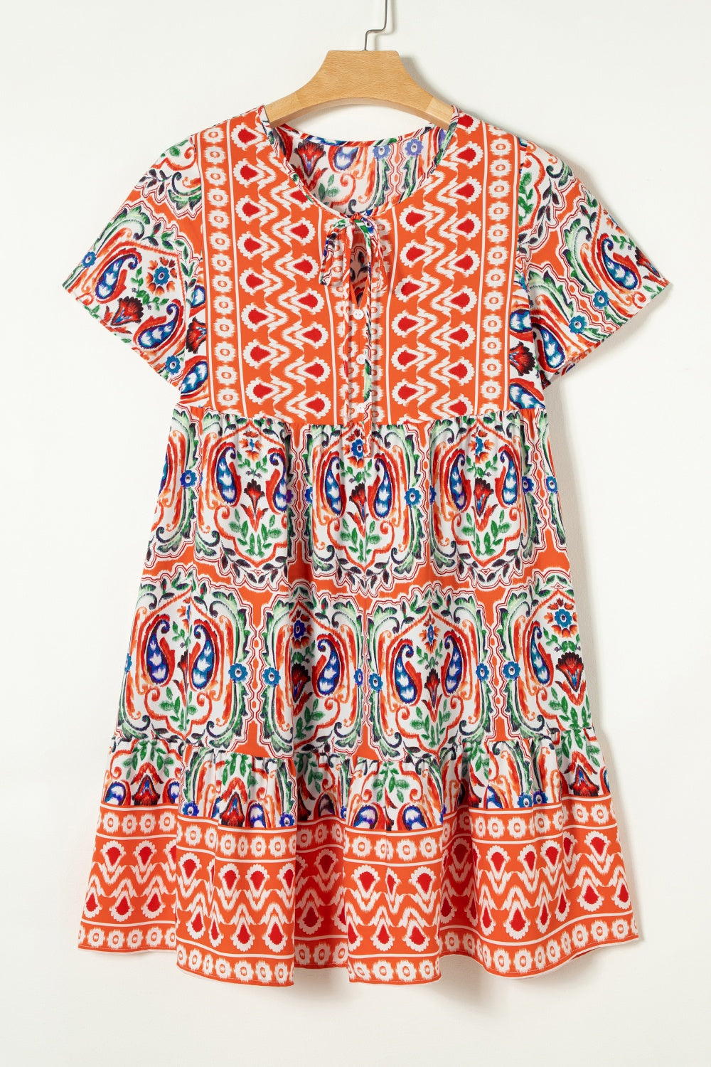 Boho Printed Tie Neck Short Sleeve Dress-Trendsi-Pumpkin-L-[option4]-[option5]-[option6]-[option7]-[option8]-Shop-Boutique-Clothing-for-Women-Online