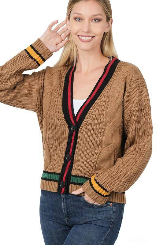 Zenana Contrast Trim Cable Knit Cardigan-Cardigans-Kiwidrop-Deep Camel-S-[option4]-[option5]-[option6]-[option7]-[option8]-Shop-Boutique-Clothing-for-Women-Online