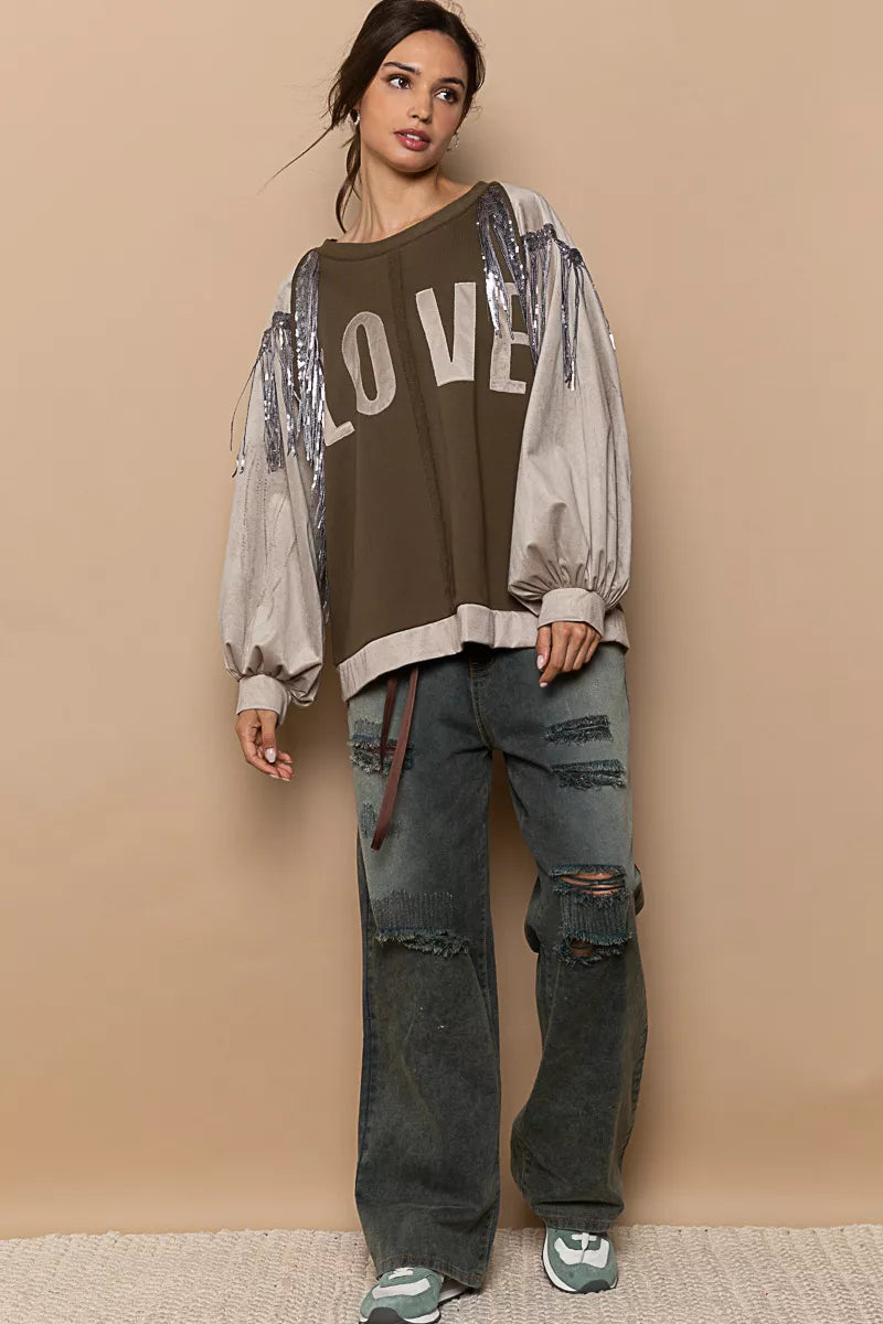 POL Balloon Sleeve French Terry Sweatshirt with Sequin Tassel-Sweatshirts-Trendsi-[option4]-[option5]-[option6]-[option7]-[option8]-Shop-Boutique-Clothing-for-Women-Online