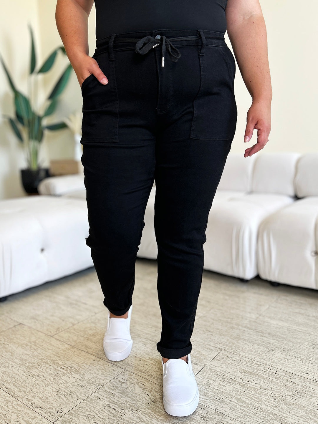 Judy Blue Black High Waist Double Roll Cuff Jogger Jeans-Trendsi-[option4]-[option5]-[option6]-[option7]-[option8]-Shop-Boutique-Clothing-for-Women-Online