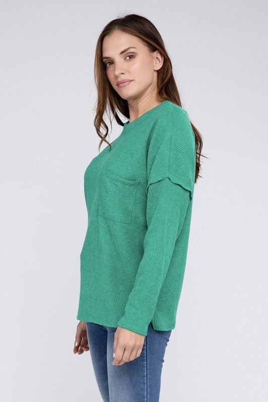 Zenana Ribbed Brushed Melange Hacci Sweater with a Pocket-ZENANA-[option4]-[option5]-[option6]-[option7]-[option8]-Shop-Boutique-Clothing-for-Women-Online