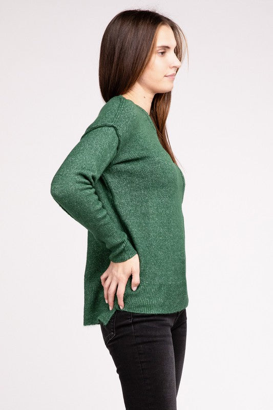 Zenana MELANGE HI-LOW HEM ROUND NECK SWEATER-ZENANA-[option4]-[option5]-[option6]-[option7]-[option8]-Shop-Boutique-Clothing-for-Women-Online