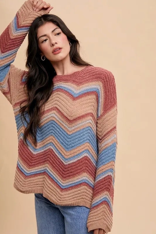 Annie Wear Multi Color Zig-Zag Round Neck Sweater-Sweaters-Trendsi-[option4]-[option5]-[option6]-[option7]-[option8]-Shop-Boutique-Clothing-for-Women-Online