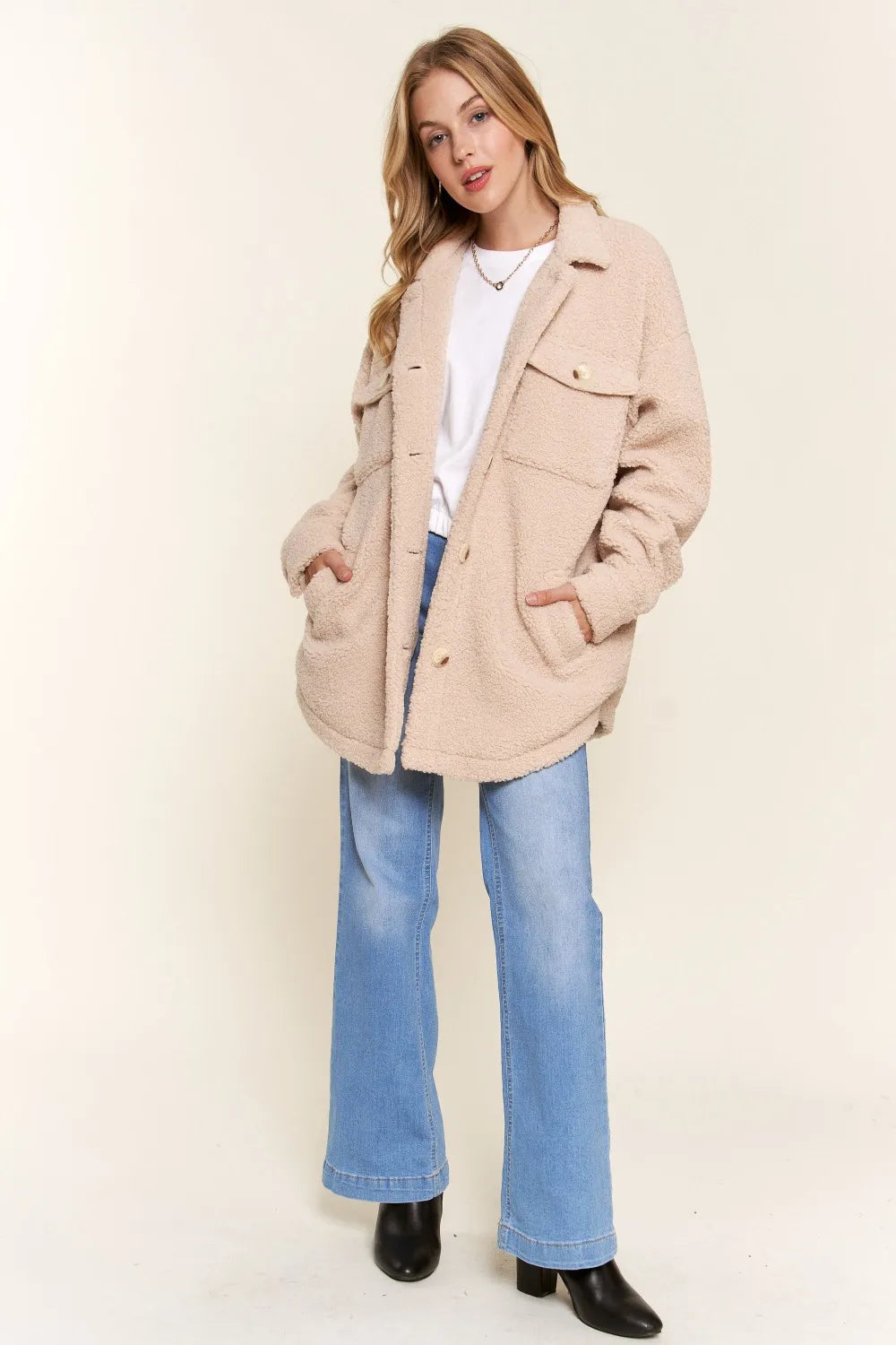 And The Why Teddy Sherpa Button Down Curved Hem Shacket-Womens Outerwear/Shacket-Trendsi-[option4]-[option5]-[option6]-[option7]-[option8]-Shop-Boutique-Clothing-for-Women-Online