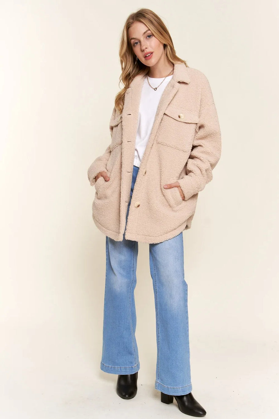 And The Why Teddy Sherpa Button Down Curved Hem Shacket-Womens Outerwear/Shacket-Trendsi-[option4]-[option5]-[option6]-[option7]-[option8]-Shop-Boutique-Clothing-for-Women-Online