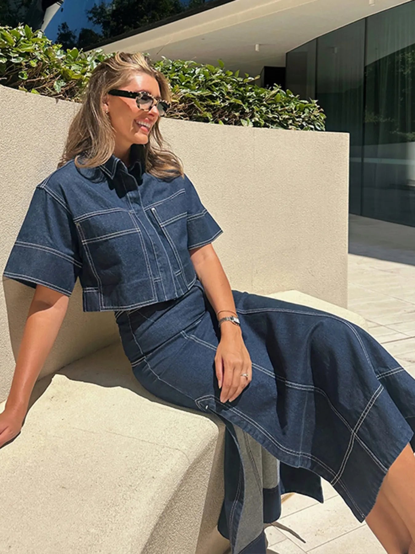High-Waist Side Slit Contrast Stitch Denim Maxi Skirt-Skirts-Trendsi-[option4]-[option5]-[option6]-[option7]-[option8]-Shop-Boutique-Clothing-for-Women-Online