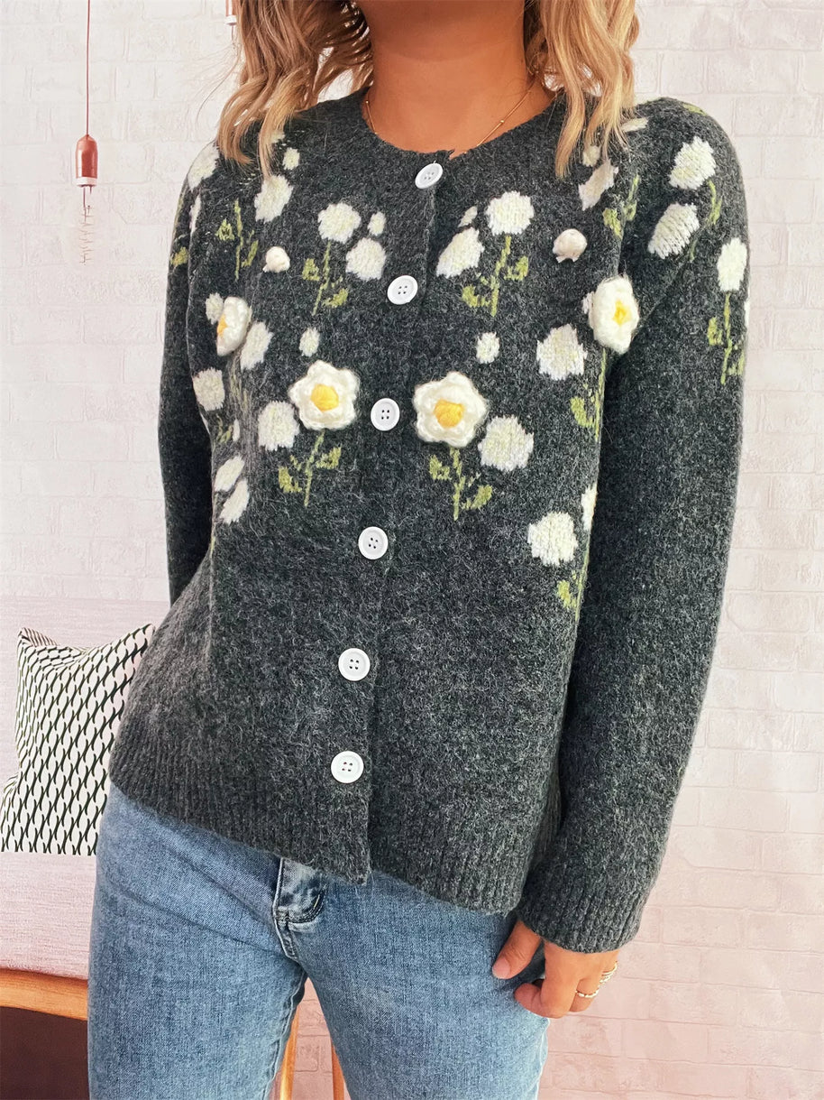 Flower Button Up Long Sleeve Cardigan-Cardigan-Trendsi-[option4]-[option5]-[option6]-[option7]-[option8]-Shop-Boutique-Clothing-for-Women-Online