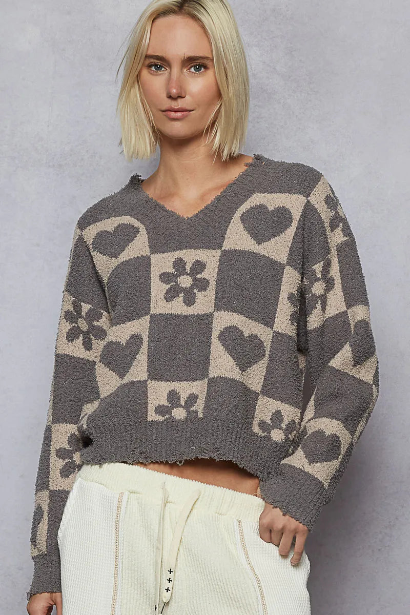 POL V-Neck Heart Pattern Checkered Sweater-Sweaters-Trendsi-[option4]-[option5]-[option6]-[option7]-[option8]-Shop-Boutique-Clothing-for-Women-Online