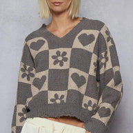 POL V-Neck Heart Pattern Checkered Sweater-Sweaters-Trendsi-[option4]-[option5]-[option6]-[option7]-[option8]-Shop-Boutique-Clothing-for-Women-Online
