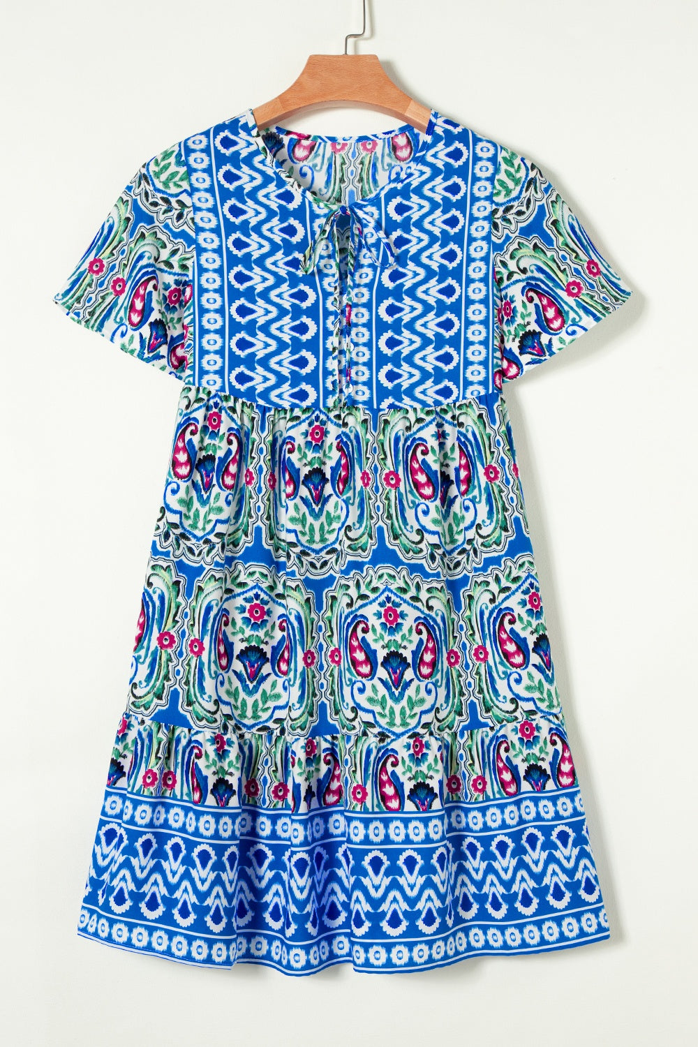 Boho Printed Tie Neck Short Sleeve Dress-Trendsi-Peacock Blue-XL-[option4]-[option5]-[option6]-[option7]-[option8]-Shop-Boutique-Clothing-for-Women-Online