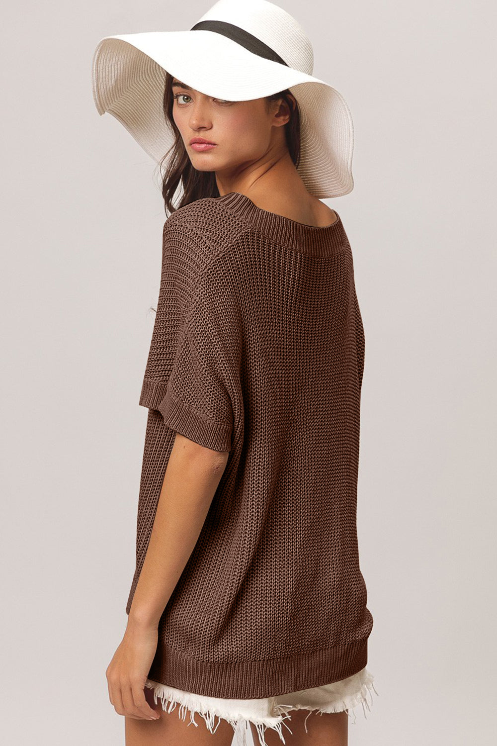 BiBi V-Neck Slit Short Sleeve Sweater-Trendsi-[option4]-[option5]-[option6]-[option7]-[option8]-Shop-Boutique-Clothing-for-Women-Online