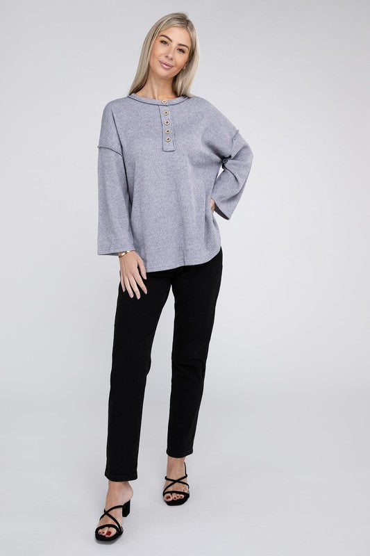 Zenana Ribbed Brushed Melange Hacci Henley Sweater-ZENANA-[option4]-[option5]-[option6]-[option7]-[option8]-Shop-Boutique-Clothing-for-Women-Online