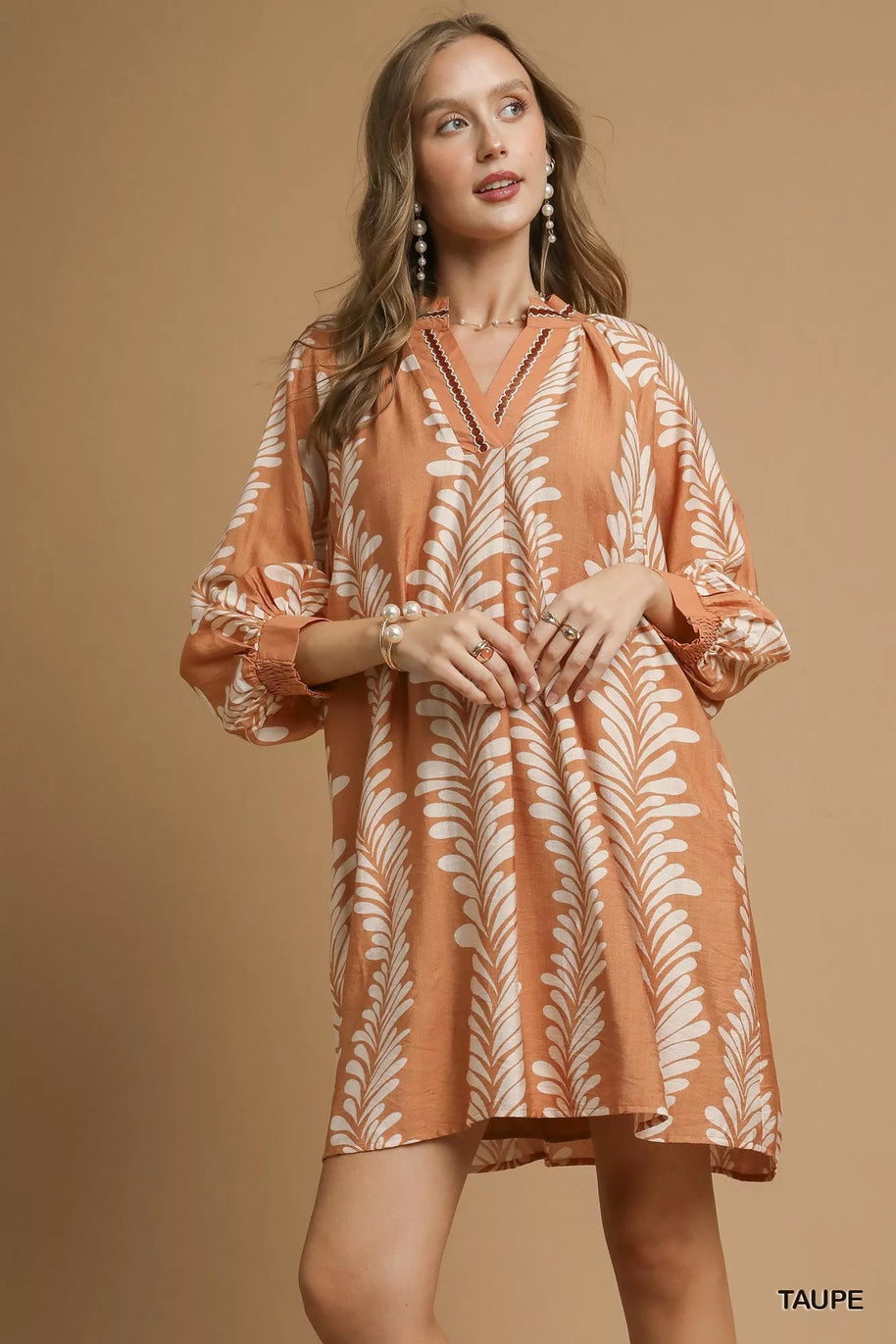 Umgee Leaf Print Notched Mini Babydoll Dress-Dresses-Trendsi-[option4]-[option5]-[option6]-[option7]-[option8]-Shop-Boutique-Clothing-for-Women-Online