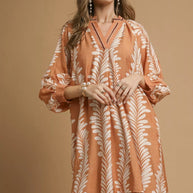 Umgee Leaf Print Notched Mini Babydoll Dress-Dresses-Trendsi-[option4]-[option5]-[option6]-[option7]-[option8]-Shop-Boutique-Clothing-for-Women-Online