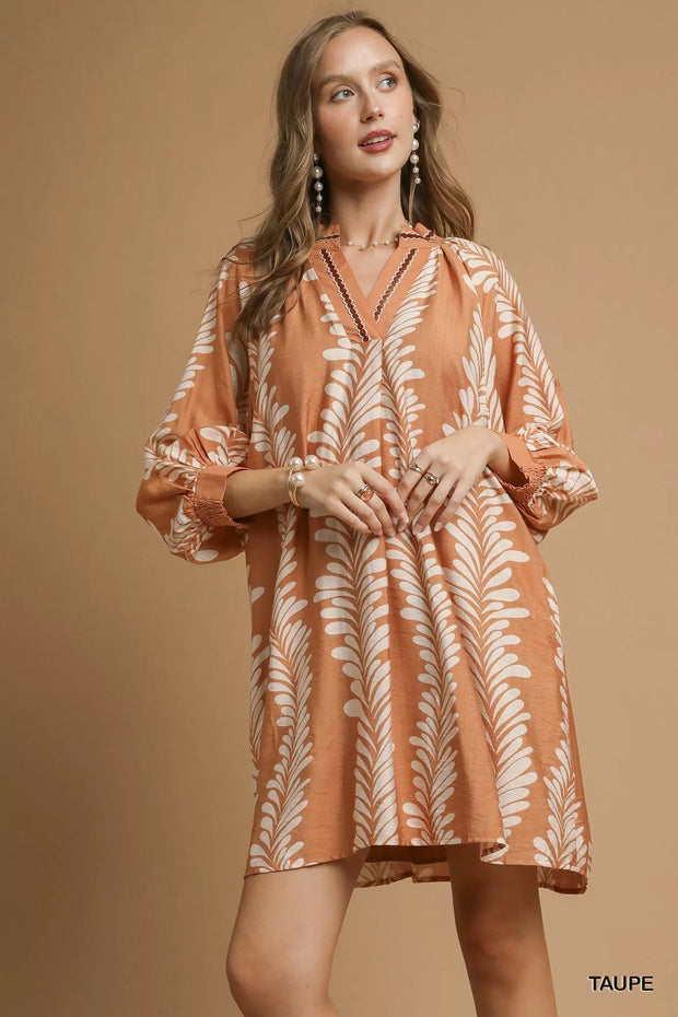 Umgee Leaf Print Notched Mini Babydoll Dress-Dresses-Trendsi-[option4]-[option5]-[option6]-[option7]-[option8]-Shop-Boutique-Clothing-for-Women-Online