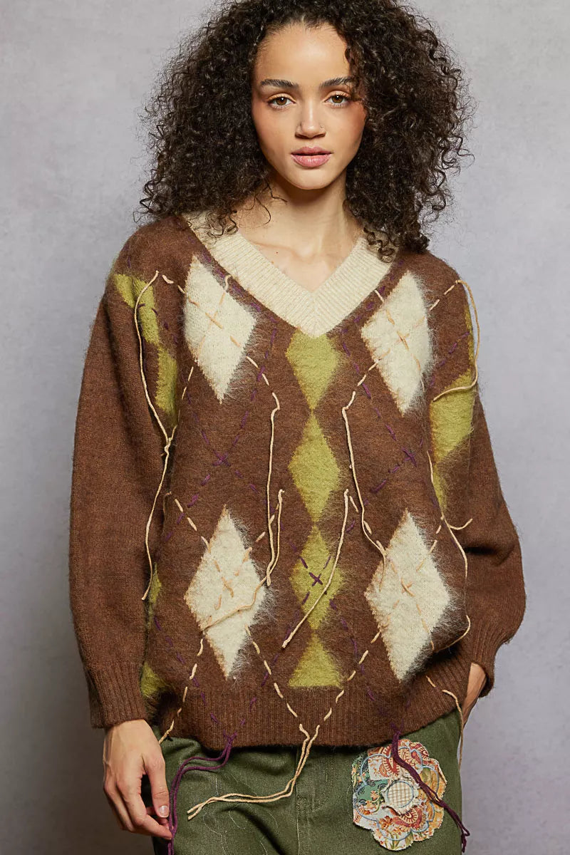 POL V-Neck Argyle Pattern Mohair Sweater with Contrast Exposed Stitch Detail-sweater-Trendsi-[option4]-[option5]-[option6]-[option7]-[option8]-Shop-Boutique-Clothing-for-Women-Online