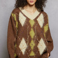 POL V-Neck Argyle Pattern Mohair Sweater with Contrast Exposed Stitch Detail-sweater-Trendsi-[option4]-[option5]-[option6]-[option7]-[option8]-Shop-Boutique-Clothing-for-Women-Online