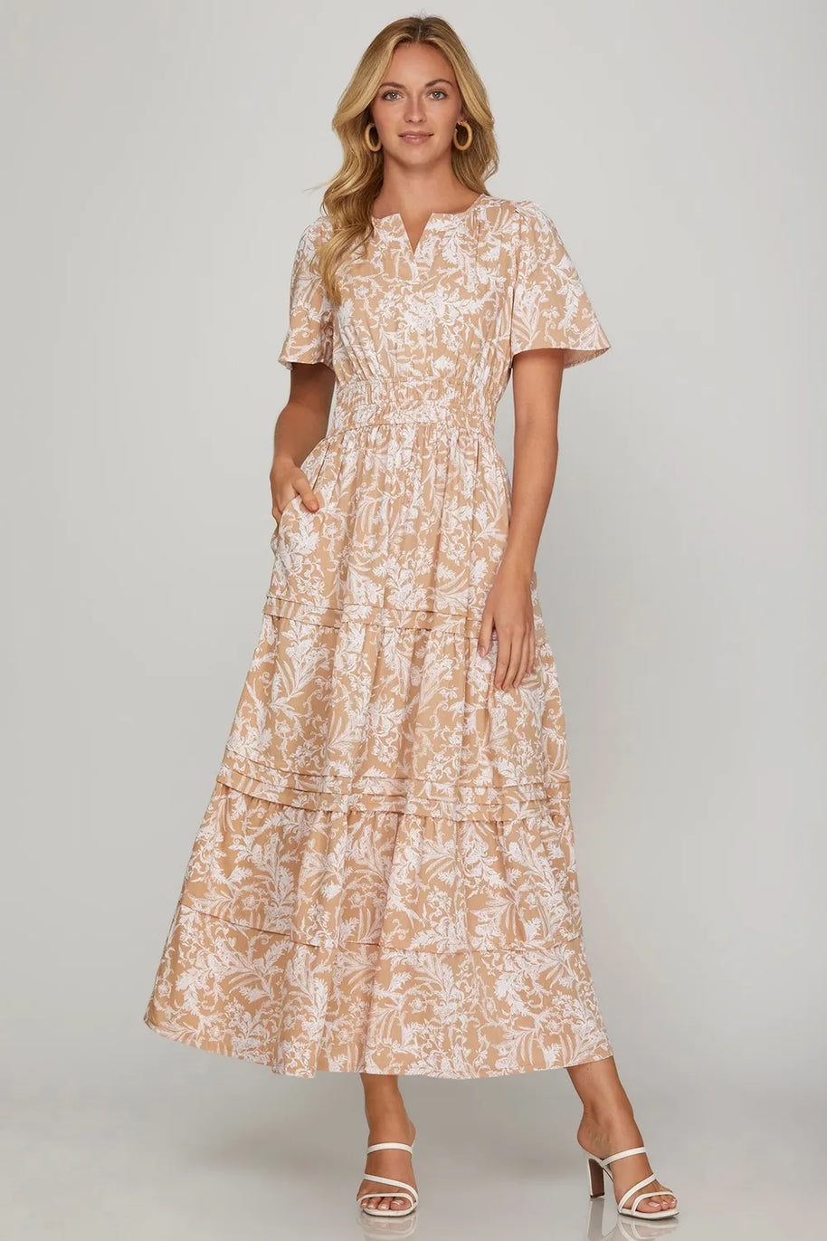 She + Sky Printed Notched Woven Tiered Pintuck Maxi Dress with Side Pockets-Dresses-Trendsi-[option4]-[option5]-[option6]-[option7]-[option8]-Shop-Boutique-Clothing-for-Women-Online