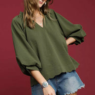 Textured Notched Balloon Sleeve Blouse-Blouses-Trendsi-[option4]-[option5]-[option6]-[option7]-[option8]-Shop-Boutique-Clothing-for-Women-Online