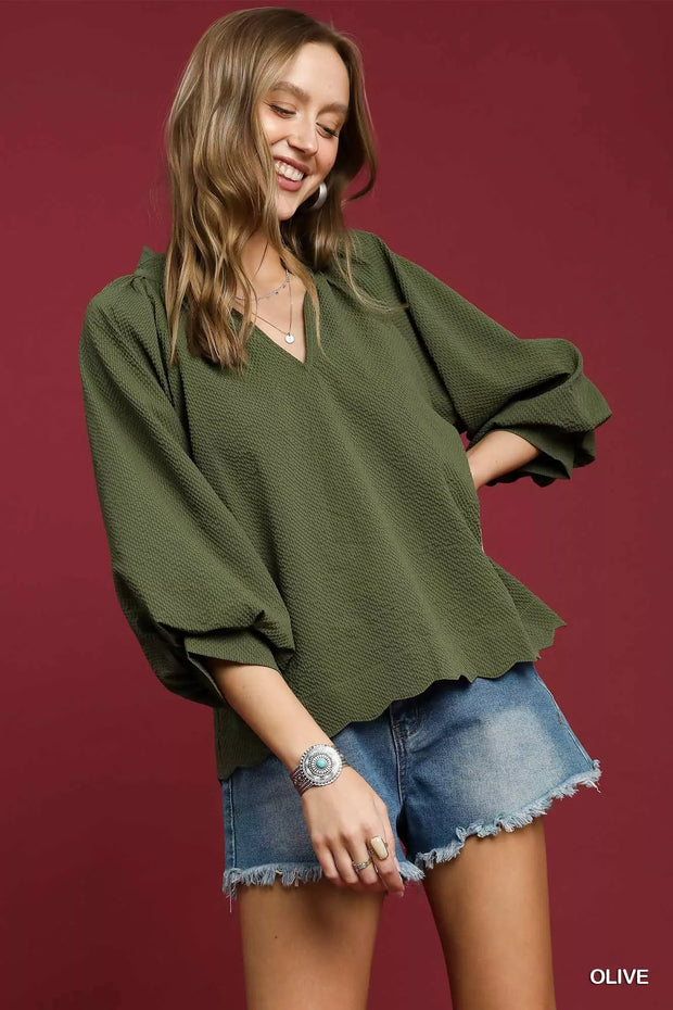 Textured Notched Balloon Sleeve Blouse-Blouses-Trendsi-[option4]-[option5]-[option6]-[option7]-[option8]-Shop-Boutique-Clothing-for-Women-Online