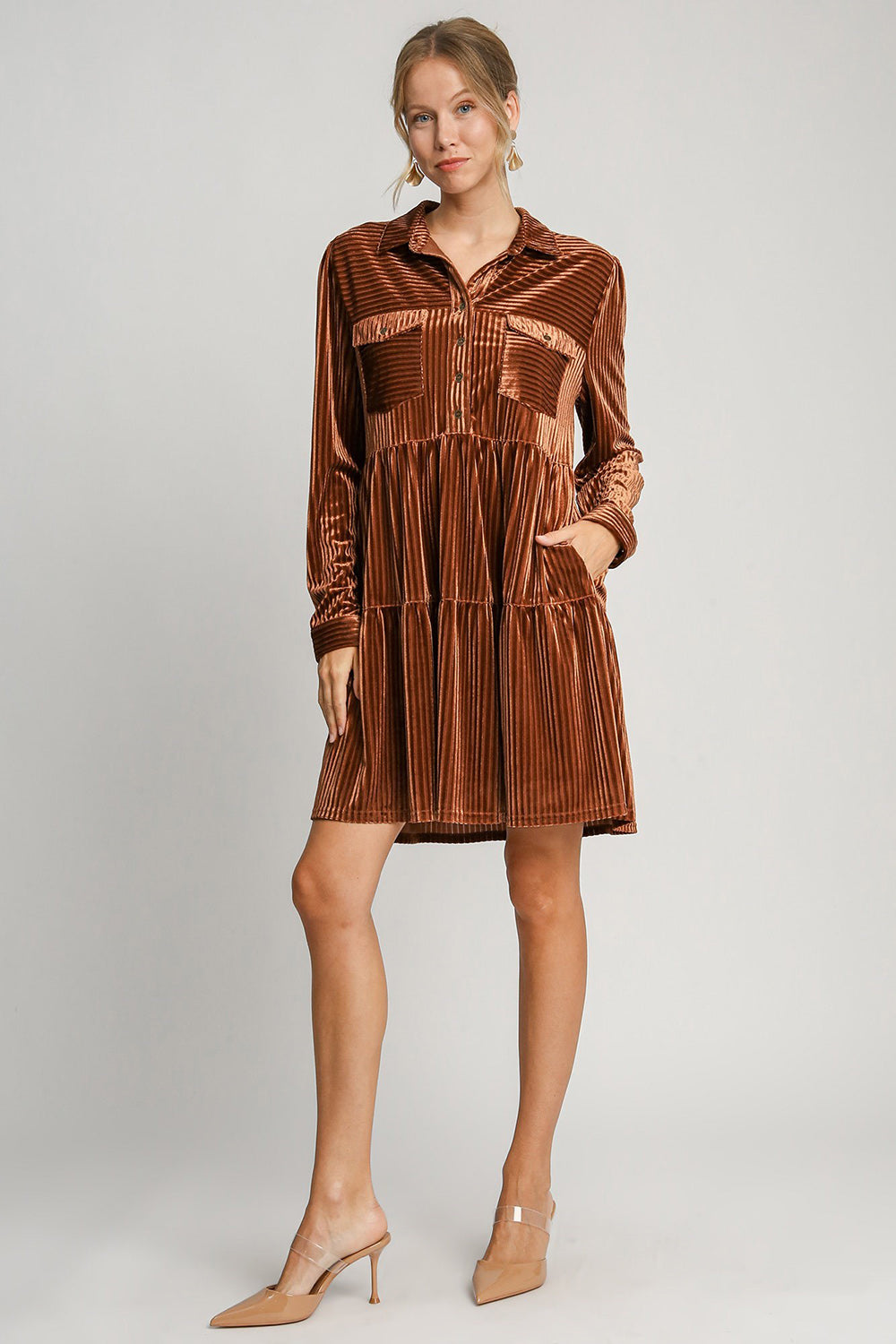 Umgee Texture Tiered Collared Long Sleeve Dress-Trendsi-[option4]-[option5]-[option6]-[option7]-[option8]-Shop-Boutique-Clothing-for-Women-Online