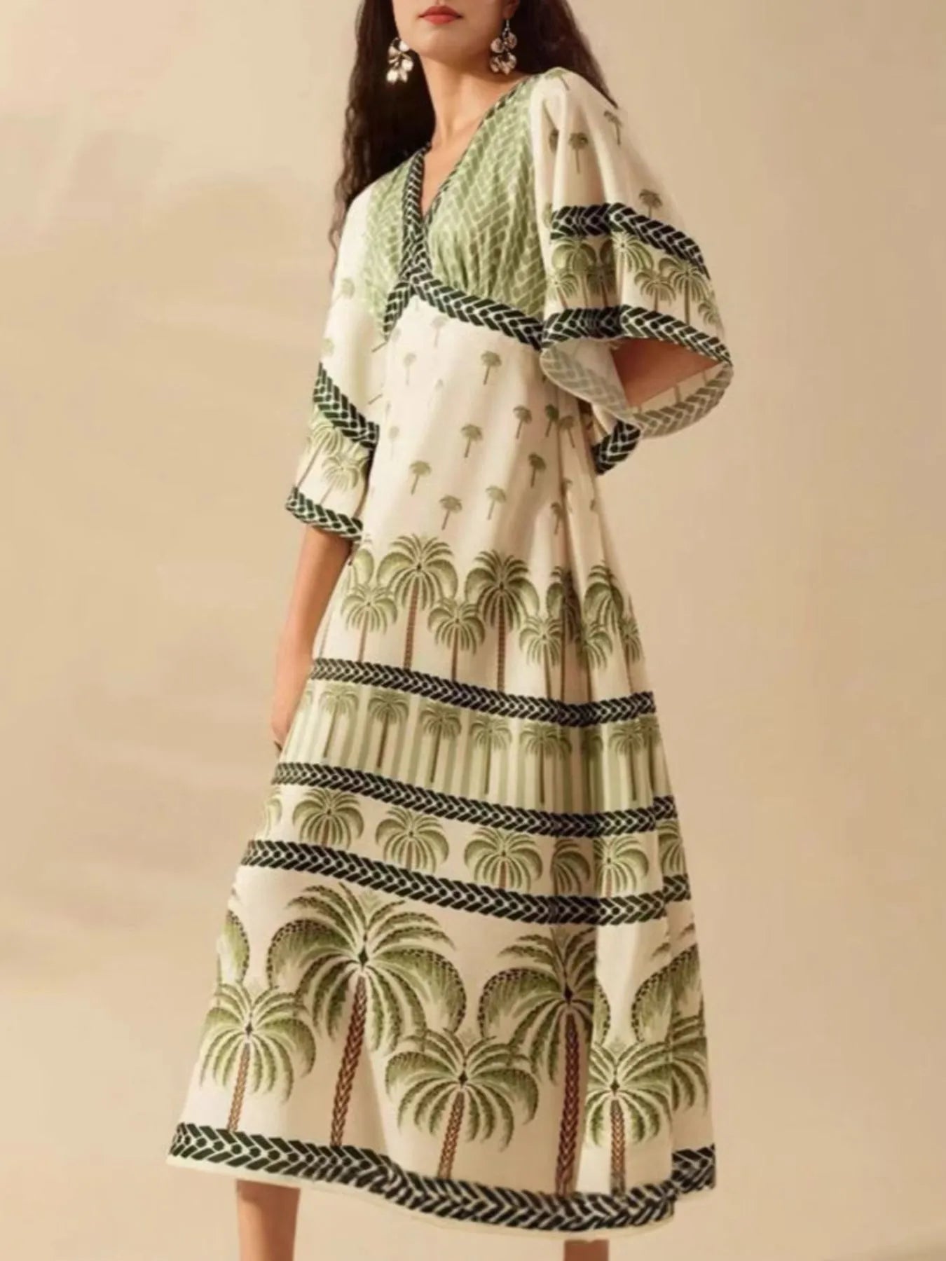 Palm Print V-Neck Midi Dress-Dresses-Trendsi-[option4]-[option5]-[option6]-[option7]-[option8]-Shop-Boutique-Clothing-for-Women-Online