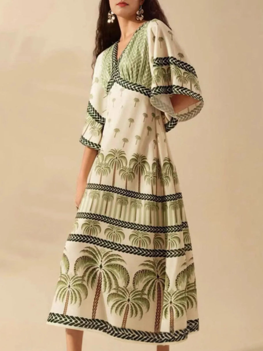Palm Print V-Neck Midi Dress-Dresses-Trendsi-[option4]-[option5]-[option6]-[option7]-[option8]-Shop-Boutique-Clothing-for-Women-Online