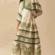 Palm Print V-Neck Midi Dress-Dresses-Trendsi-[option4]-[option5]-[option6]-[option7]-[option8]-Shop-Boutique-Clothing-for-Women-Online