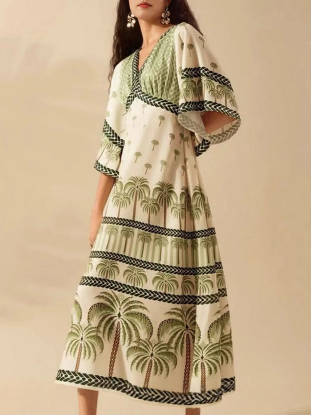 Palm Print V-Neck Midi Dress-Dresses-Trendsi-[option4]-[option5]-[option6]-[option7]-[option8]-Shop-Boutique-Clothing-for-Women-Online