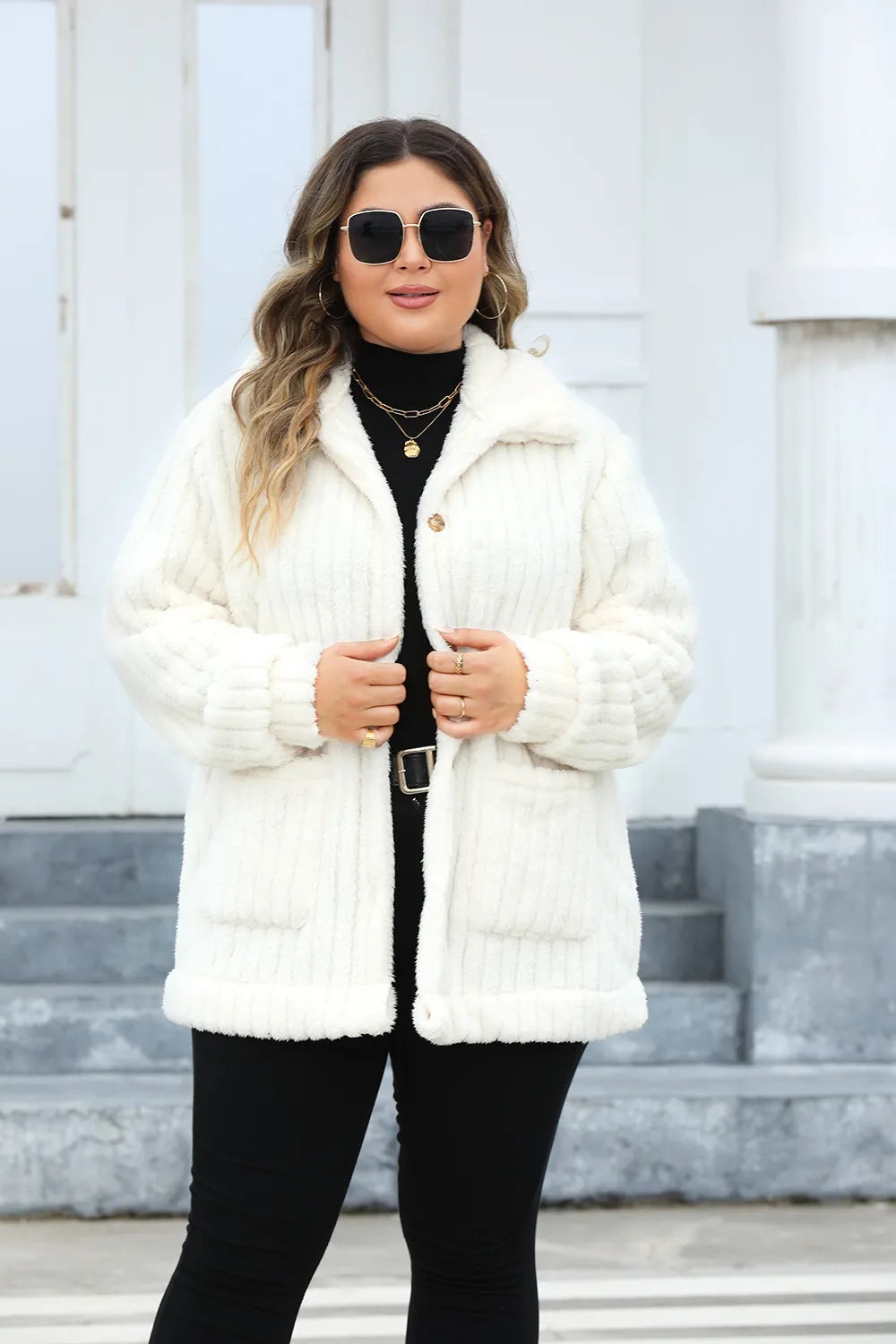 Plus Size Fuzzy Collared Neck Long Sleeve Jacket-Jacket-Trendsi-[option4]-[option5]-[option6]-[option7]-[option8]-Shop-Boutique-Clothing-for-Women-Online