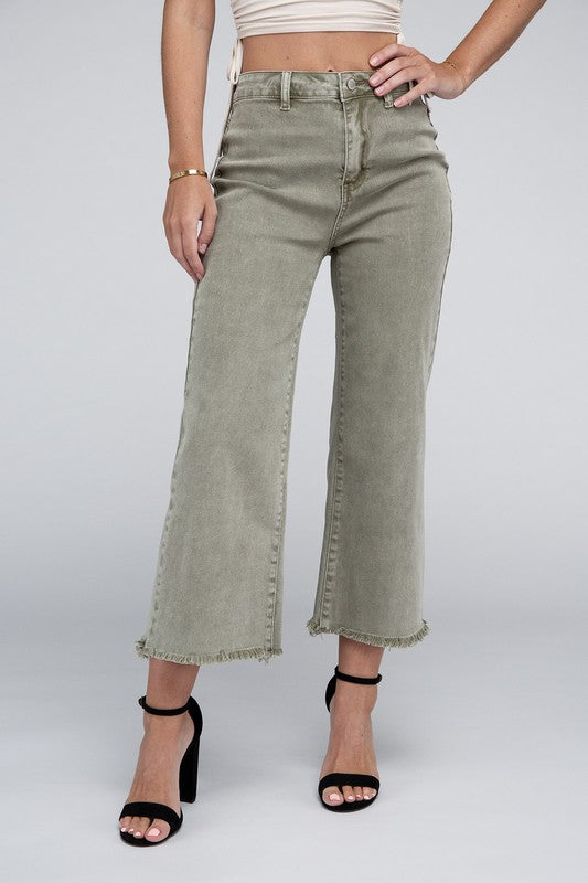 Zenana Acid Washed High Waist Frayed Hem Straight Pants-ZENANA-LT OLIVE-S-[option4]-[option5]-[option6]-[option7]-[option8]-Shop-Boutique-Clothing-for-Women-Online