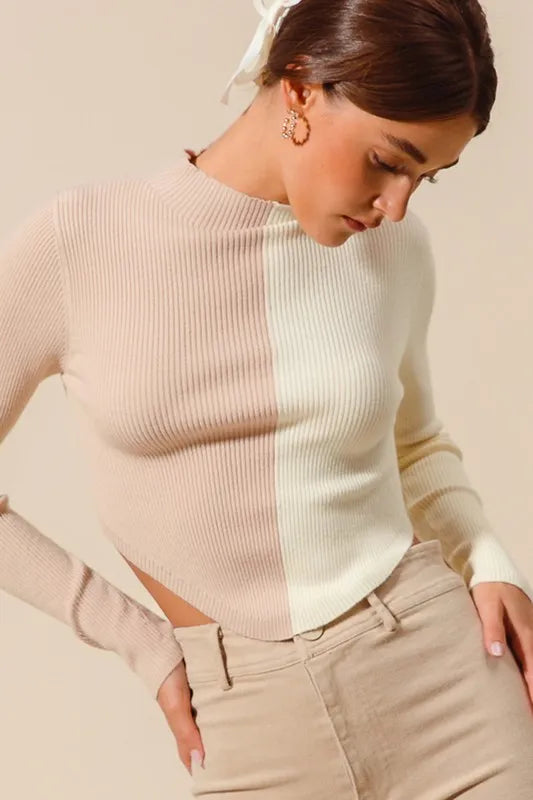SO ME Color Block Fitted Crop Sweater Top-Sweaters-Trendsi-[option4]-[option5]-[option6]-[option7]-[option8]-Shop-Boutique-Clothing-for-Women-Online