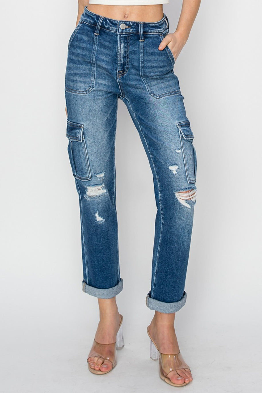 RISEN High Rise Cargo Ankle Roll Up Straight Jeans-Trendsi-[option4]-[option5]-[option6]-[option7]-[option8]-Shop-Boutique-Clothing-for-Women-Online