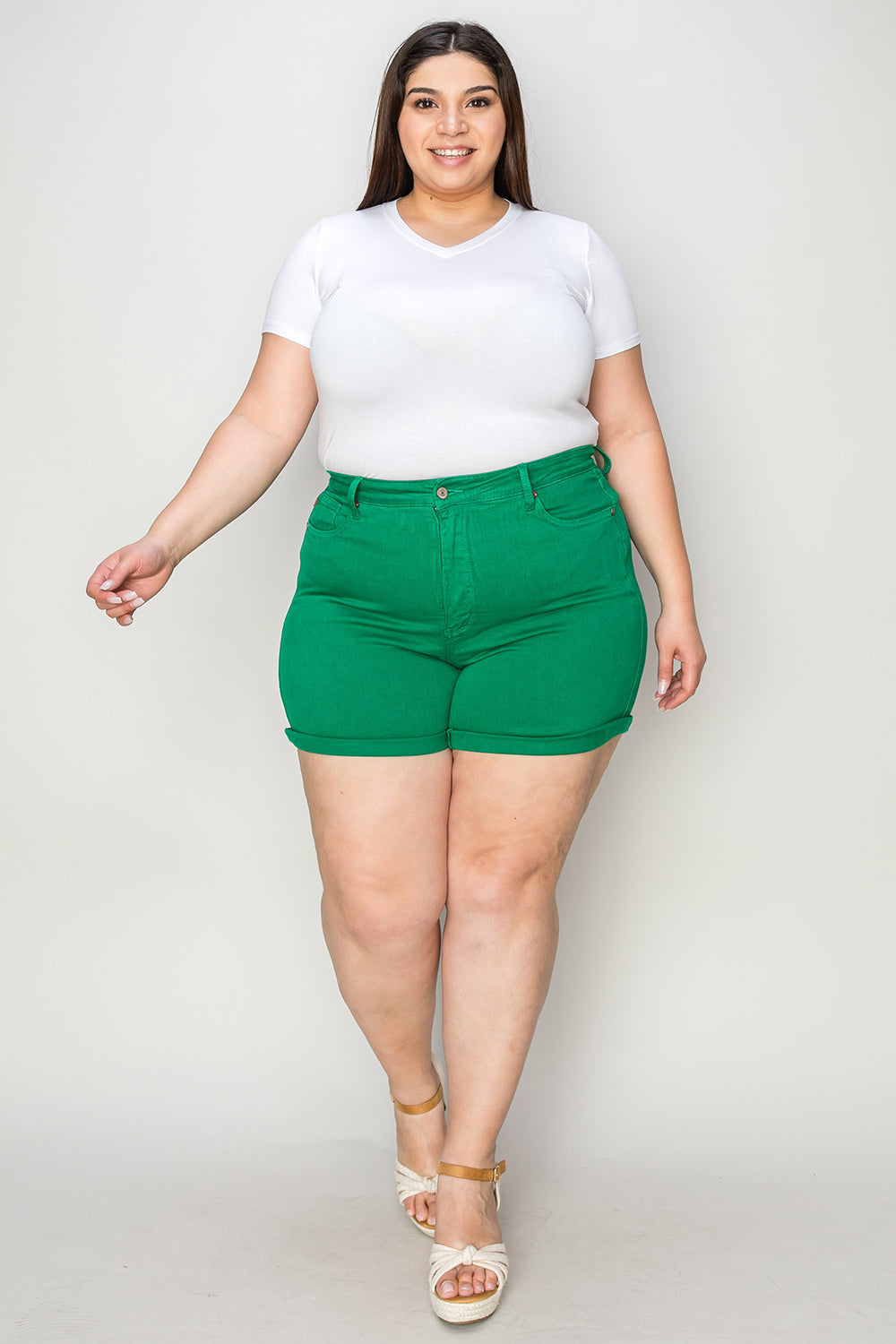 Judy Blue Tummy Control Garment Dyed Green Denim Shorts-Trendsi-[option4]-[option5]-[option6]-[option7]-[option8]-Shop-Boutique-Clothing-for-Women-Online