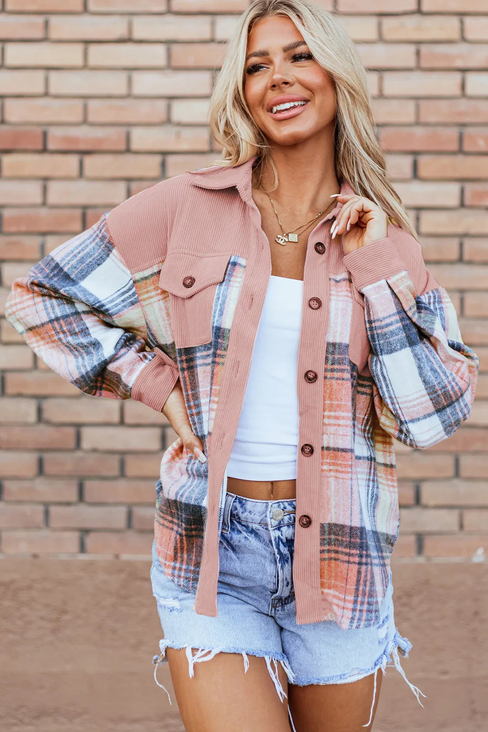 Plaid Button Up Shacket-Trendsi-Pale Blush-S-[option4]-[option5]-[option6]-[option7]-[option8]-Shop-Boutique-Clothing-for-Women-Online