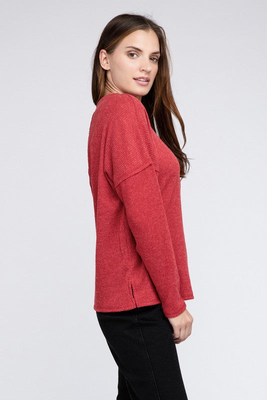 Zenana Ribbed Brushed Melange Hacci Sweater with a Pocket-ZENANA-[option4]-[option5]-[option6]-[option7]-[option8]-Shop-Boutique-Clothing-for-Women-Online