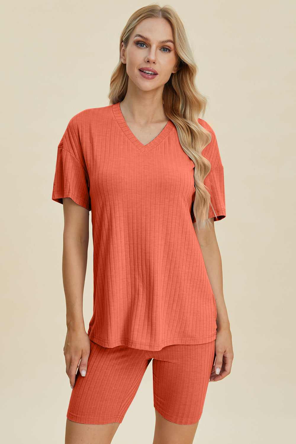 Basic Bae Ribbed V-Neck Short Sleeve Top and Shorts Set-Trendsi-Coral-S-[option4]-[option5]-[option6]-[option7]-[option8]-Shop-Boutique-Clothing-for-Women-Online