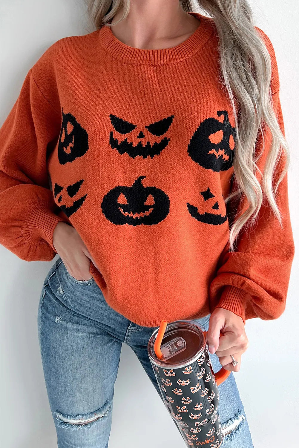 Pumpkin Pattern Round Neck Sweater-Trendsi-Orange-S-[option4]-[option5]-[option6]-[option7]-[option8]-Shop-Boutique-Clothing-for-Women-Online