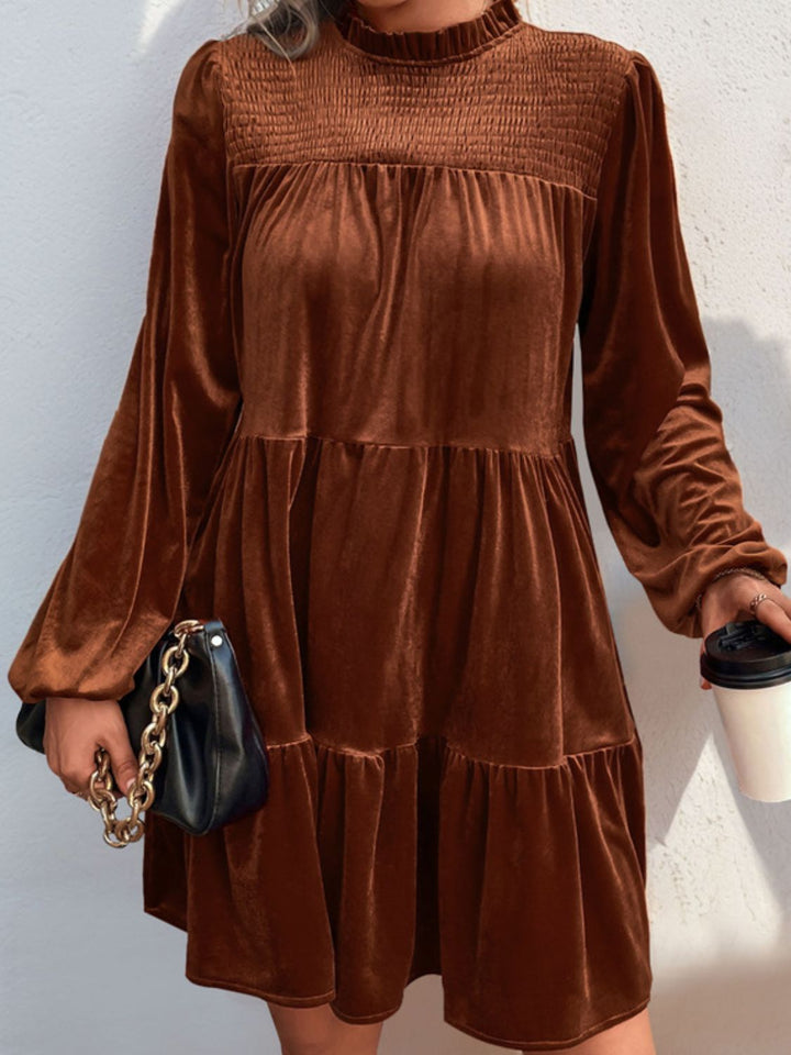 Copper Velvet Tiered Ruched Mock Neck Long Sleeve Dress-Trendsi-[option4]-[option5]-[option6]-[option7]-[option8]-Shop-Boutique-Clothing-for-Women-Online