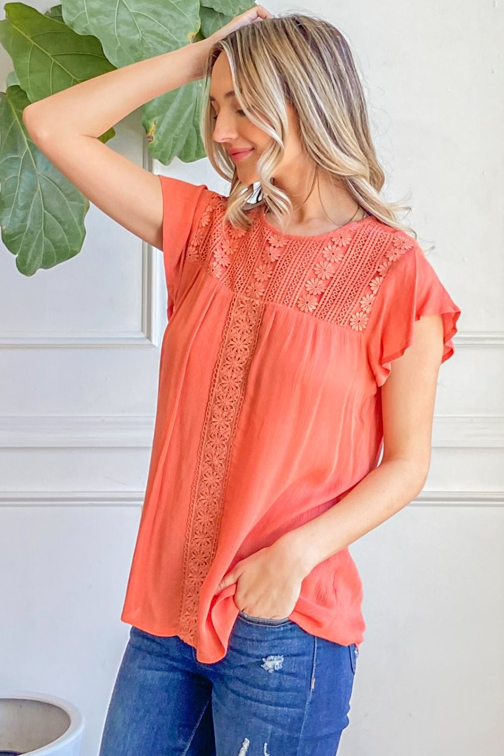 And The Why Lace Detail Ruffle Short Sleeve Blouse-The Bee Chic Boutique-[option4]-[option5]-[option6]-[option7]-[option8]-Shop-Boutique-Clothing-for-Women-Online