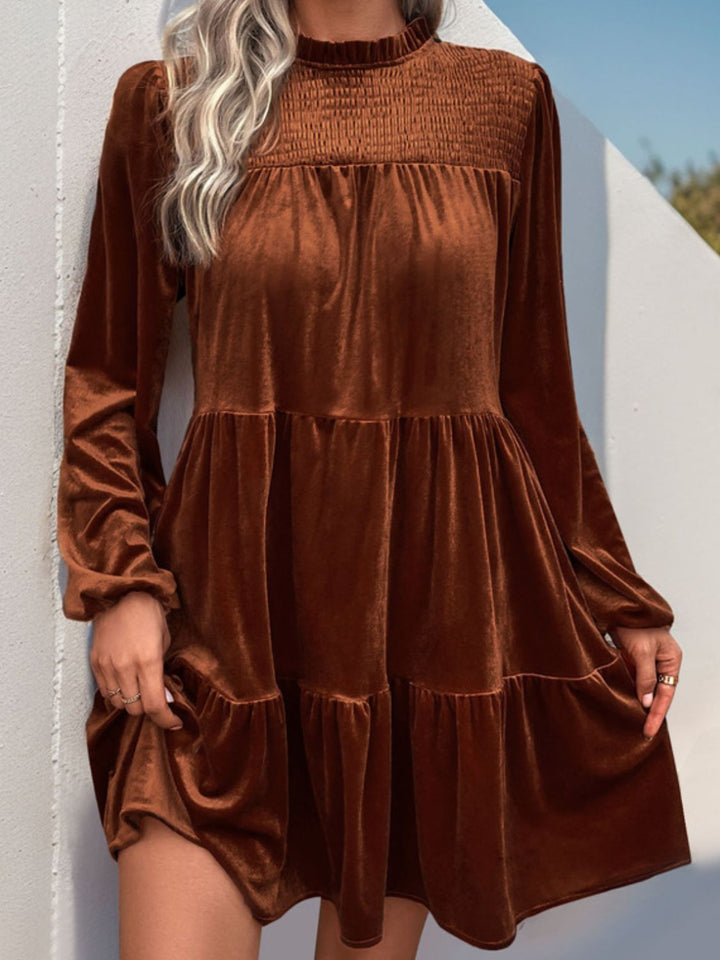 Copper Velvet Tiered Ruched Mock Neck Long Sleeve Dress-Trendsi-Caramel-S-[option4]-[option5]-[option6]-[option7]-[option8]-Shop-Boutique-Clothing-for-Women-Online