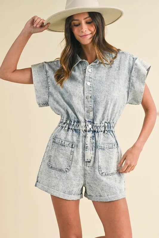 Annie Wear Elastic Waistband Short Sleeve Denim Romper-Rompers-Trendsi-[option4]-[option5]-[option6]-[option7]-[option8]-Shop-Boutique-Clothing-for-Women-Online