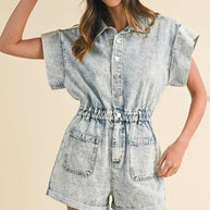 Annie Wear Elastic Waistband Short Sleeve Denim Romper-Rompers-Trendsi-[option4]-[option5]-[option6]-[option7]-[option8]-Shop-Boutique-Clothing-for-Women-Online